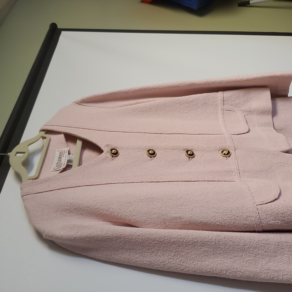 Vintage Castleberry Pink Knit Skirt Suit Set 2pc Button Chanel Style Size 12 - Picture 6 of 13